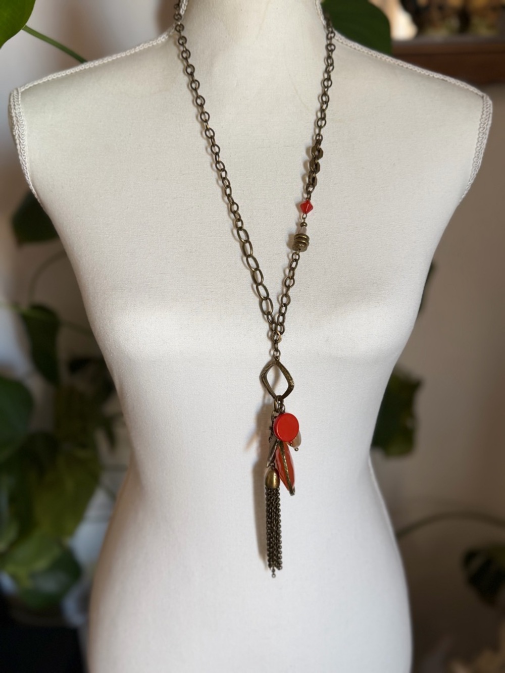 Vintage Brass Tassel & Red Lucite Dangle Charms Necklace